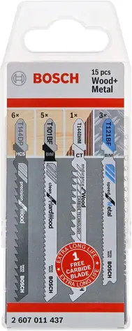 BOSCH 2607011437 / sada pilových plátků se stopkou T pro práci se dřevem a kovem / 15 ks