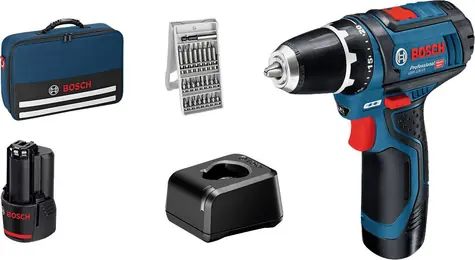 BOSCH GSR 12V-15 Professional / Aku vrtací šroubovák / 12V / 2x2.0Ah / 10mm sklíčidlo / 1300 ot-min / 30 Nm / sada bitů
