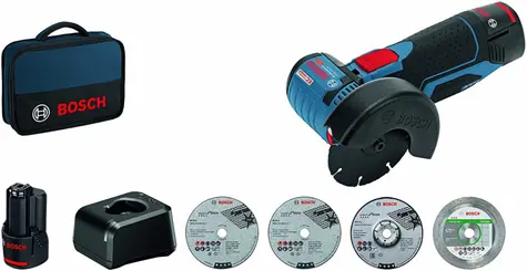 BOSCH GWS 12V-76 Professional - 2x 2.0 Ah / Aku úhlová bruska / 12V / 76 mm / 19.500 ot-min / 2x2.0 Ah / příslušenství