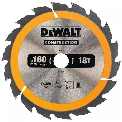 DeWalt DT1931 / Pilový kotouč pro aku pily / Průměr 160x20 mm / Šířka řezu 2.4 mm / Počet zubů 18
