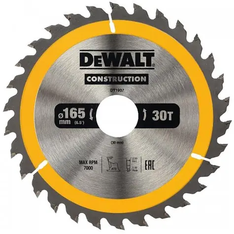 DeWalt DT1937 / Pilový kotouč pro aku pily / Průměr 165x30 mm / Šířka řezu 2.4 mm / Počet zubů 30