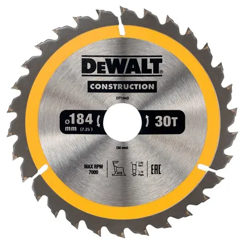 DeWalt DT1942 / Pilový kotouč pro pily / Průměr 184x30 mm / Šířka řezu 2.6 mm / Počet zubů 30