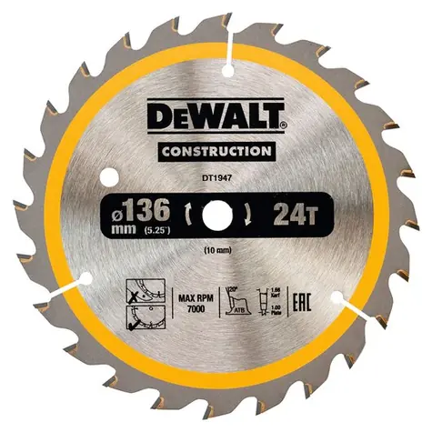 DeWalt DT1947 / Pilový kotouč pro pily / Průměr 136x10 mm / Šířka řezu 1.5 mm / Počet zubů 24