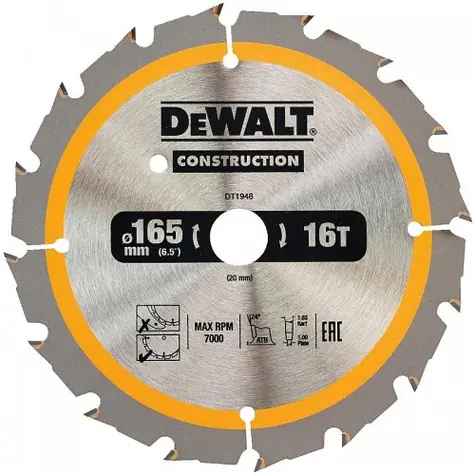 DeWalt DT1948 / Pilový kotouč pro pily / Průměr 165x20 mm / Šířka řezu 1.5 mm / Počet zubů 16