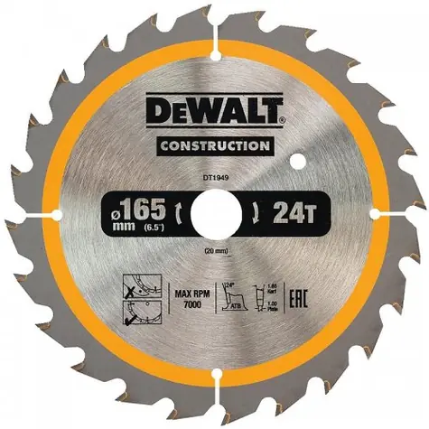 DeWalt DT1949 / Pilový kotouč pro pily / Průměr 165x20 mm / Šířka řezu 1.5 mm / Počet zubů 24