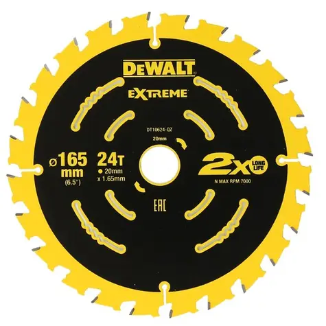 DeWalt DT10624 / Pilový kotouč pro aku kotoučové pily / Průměr 165x20 mm / Šířka řezu 1.65 mm / Počet zubů 24