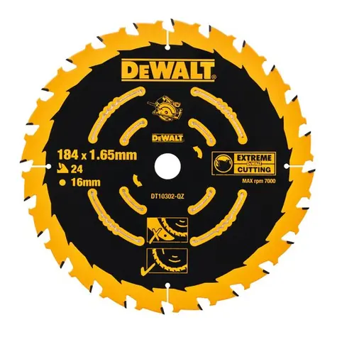 DeWalt DT10302 / Pilový kotouč pro kotoučové pily / Průměr 184x16 mm / Šířka řezu 1.65 mm / Počet zubů 24
