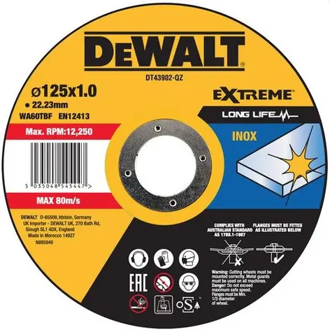 DeWalt DT43972 / Řezný kotouč na nerez kov / Průměr 125x22.2 mm / Šířka 1.0 mm / 10ks