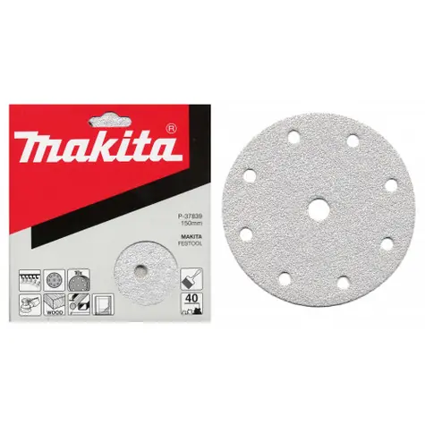 Makita P-37910 / Brusný papír na dřevo | kov | kámen / Zrnitost 240 / Průměr 150 mm / 9 otvorů / 10 ks