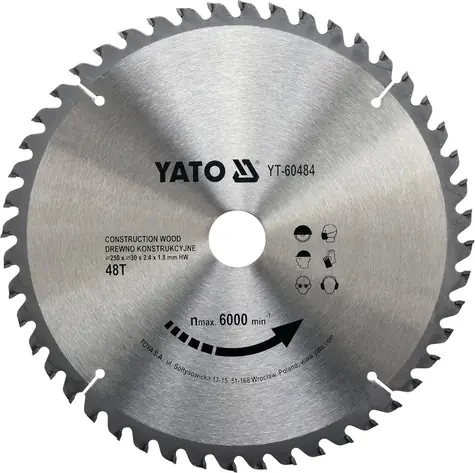 YATO YT-60484 / Pilový kotouč na dřevo / Průměr 250x30 mm / Šířka řezu 2.4 mm / Počet zubů 48