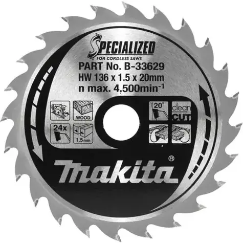 Makita B-33629 Specialized / pilový kotouč na dřevo / průměr 136 x 20mm / počet zubů 24