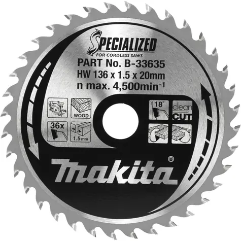 Makita B-33635 SPECIALIZED / pilový kotouč na dřevo / průměr 136 x 20mm / počet zubů 36