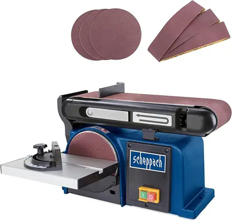 Scheppach BTS 900 / Kombinovaná bruska / pásová a čelní / 370W / 7.3m/s / 2850 ot-min / 150mm kotouč / 230V