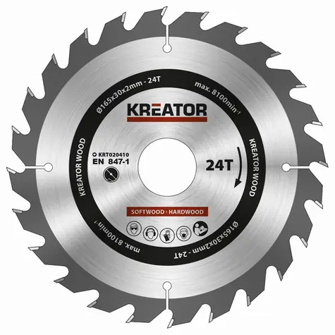 KREATOR KRT020410 / Pilový kotouč na dřevo / Průměr 165 x 30 mm / Šířka řezu 2.0 mm / Počet zubů 24