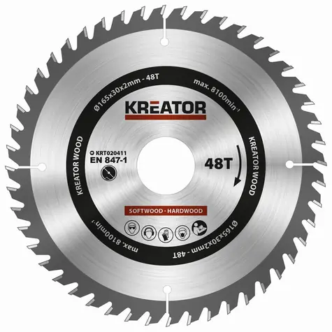 KREATOR KRT020411 / Pilový kotouč na dřevo / Průměr 165 x 30 mm / Šířka řezu 2.0 mm / Počet zubů 48
