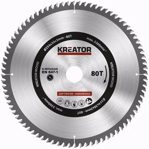KREATOR KRT020429 / Pilový kotouč na dřevo / Průměr 254 x 30 mm / Šířka řezu 3.0 mm / Počet zubů 80