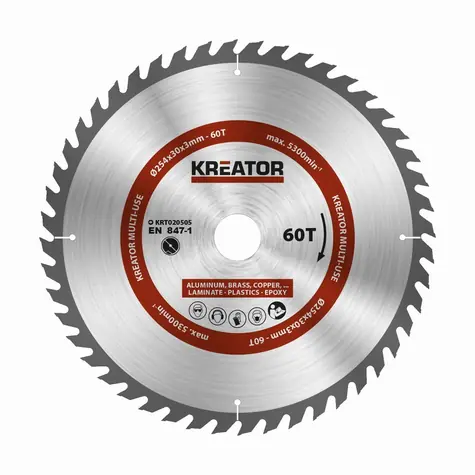 KREATOR KRT020505 / Pilový kotouč univerzální / Průměr 254 x 30 mm / Šířka řezu 3.0 mm / Počet zubů 60