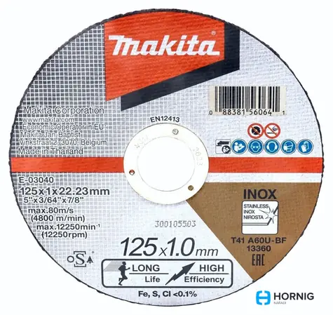 Makita E-03040 / Řezný kotouč na nerez / 125x1.0 mm / Průměr otvoru: 22.23 mm