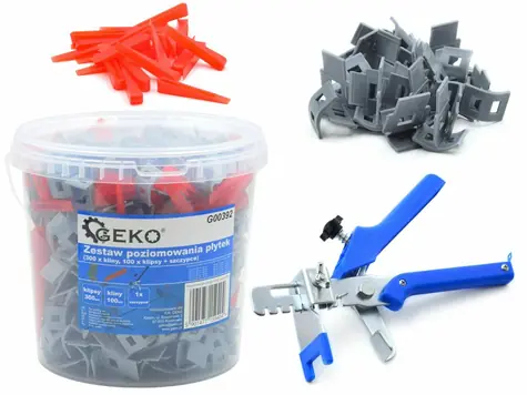 GEKO Sada nástrojů pro vyrovnávání obkladů (300x spony | 100x klíny | 1x kleště) 