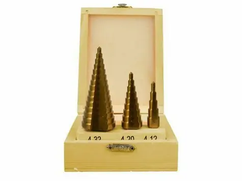GEKO Vrtáky stupňovté sada 3ks / 4-12mm / 4-20mm / 4-32mm / dřevěná kazeta / TiN