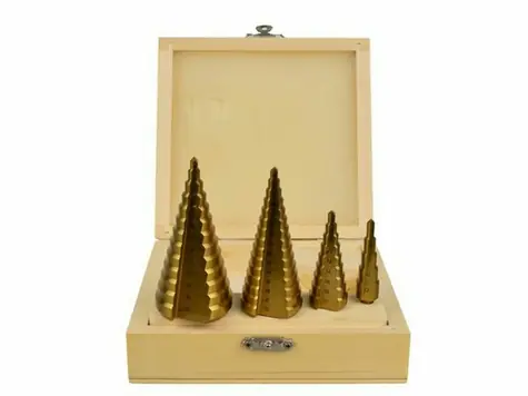 GEKO Vrtáky stupňovté sada 4ks / 4-12mm / 4-20mm / 4-32mm / 4-39mm / dřevěná kazeta / TiN
