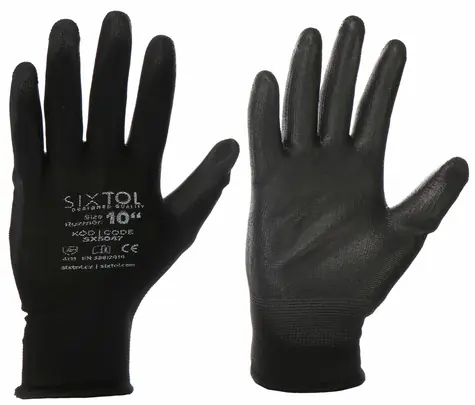 SIXTOL GLOVE PE-PU 10  černé / Rukavice pracovní z polyesteru polomáčené v polyuretanu / velikost 10 