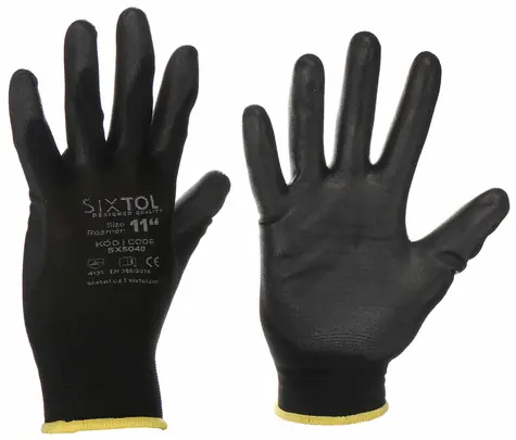 SIXTOL GLOVE PE-PU 11 černé / Rukavice pracovní z polyesteru polomáčené v polyuretanu / velikost 11