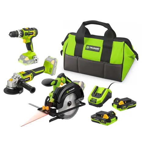 FIELDMANN 20V Startovací sada do dílny / Kotoučová pila / Vrtačka s příklepem / Úhlová bruska / Baterie + rychlonabíječ 